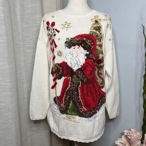 90s Vintage Tiara International Santa Claus Christmas Sweater Knit Beaded Medium